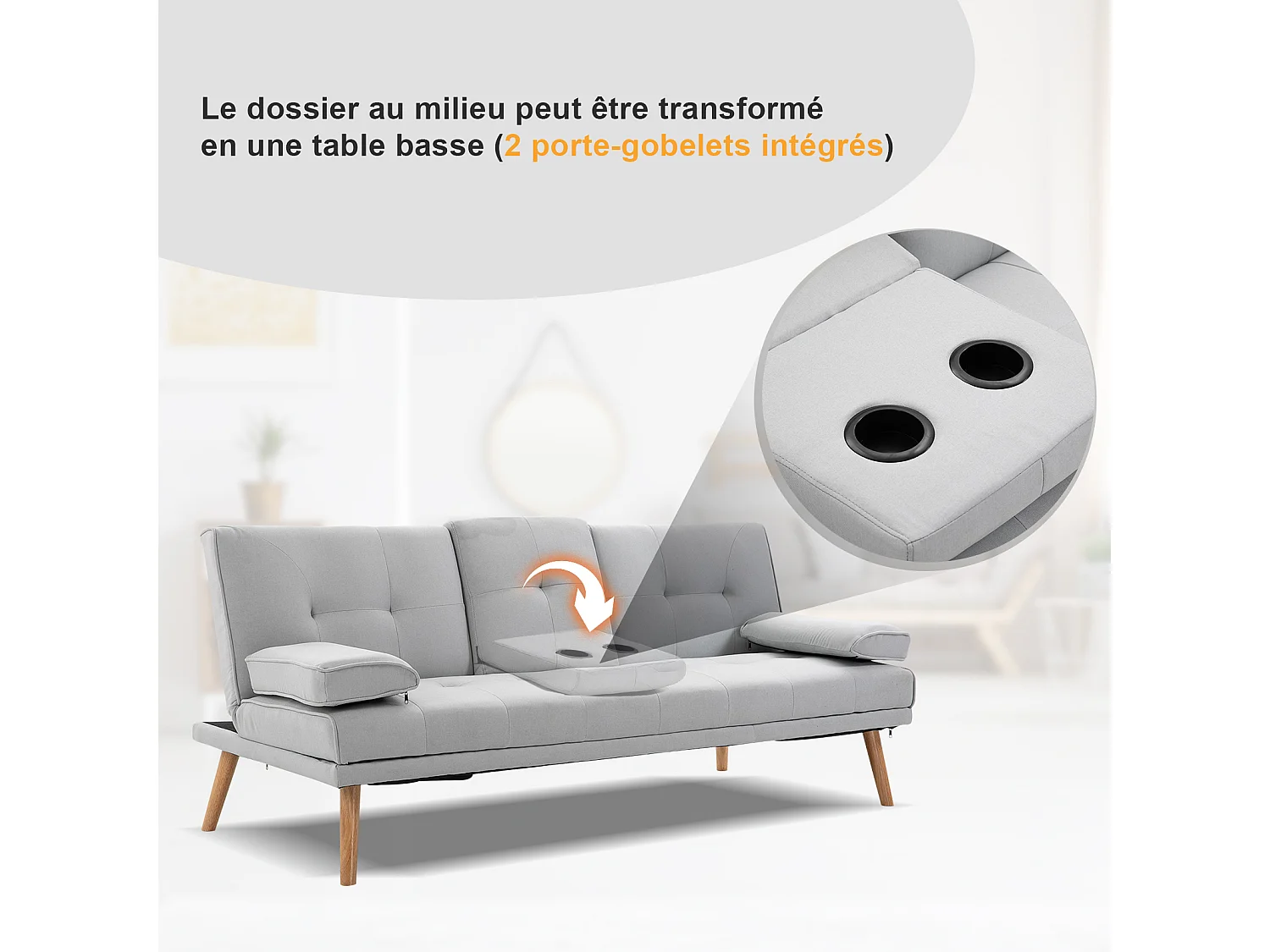 Canapé convertible 3 places design scandinave inclinaison dossier réglable 3 niveaux dossier central rabattable 2 porte-verres bois massif lin gris clair