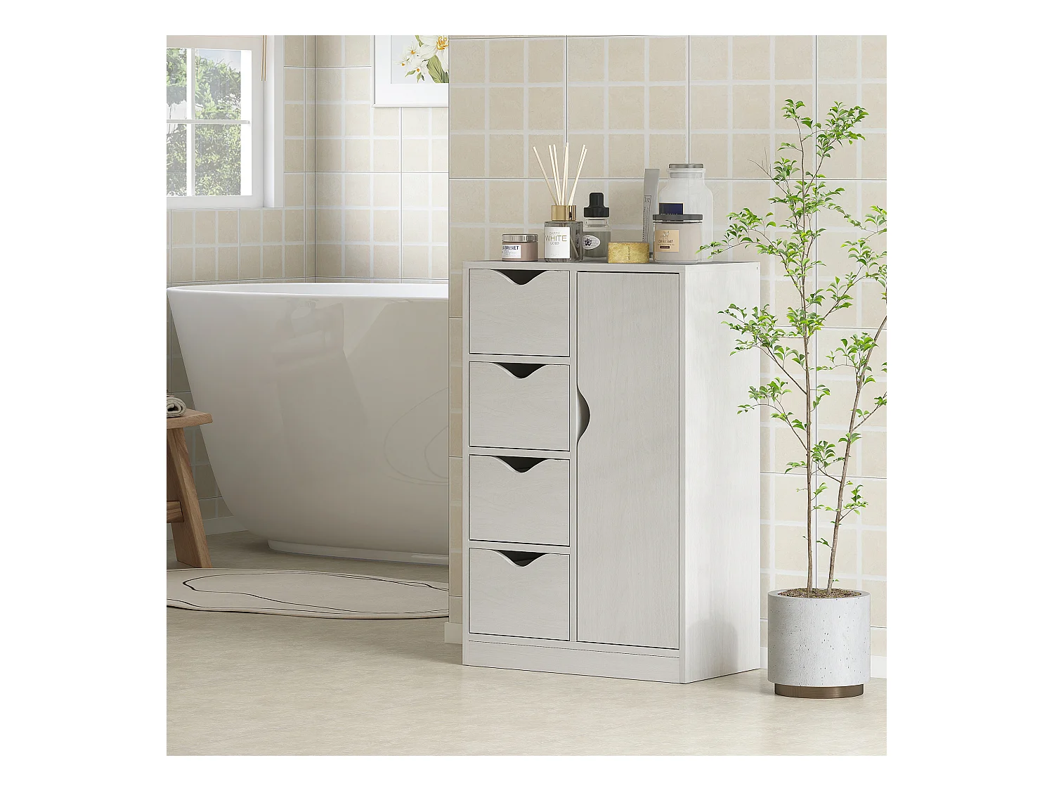 Meuble de rangement moderne 1 porte 4 tiroirs - panneaux particules blanc grain de bois