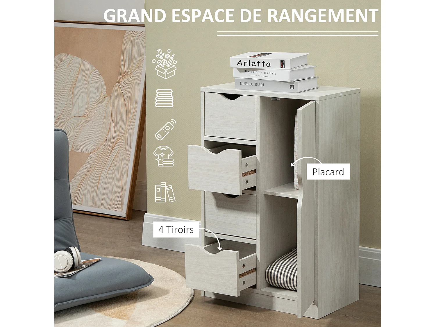Meuble de rangement moderne 1 porte 4 tiroirs - panneaux particules blanc grain de bois