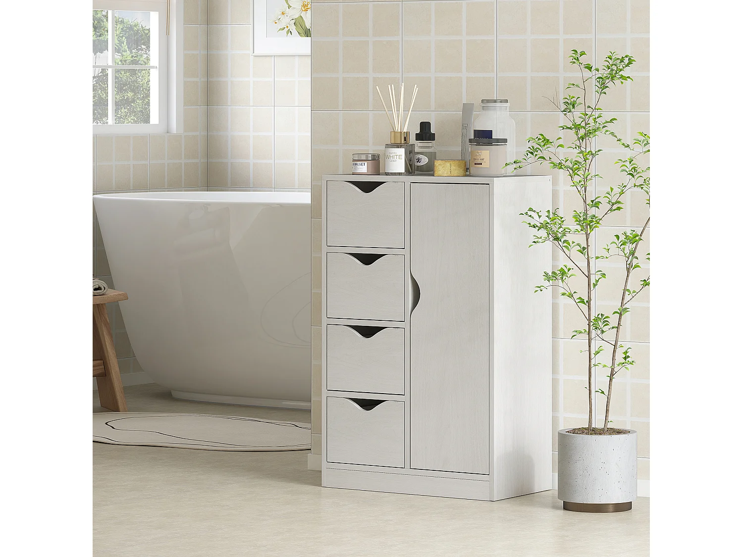 Meuble de rangement moderne 1 porte 4 tiroirs - panneaux particules blanc grain de bois