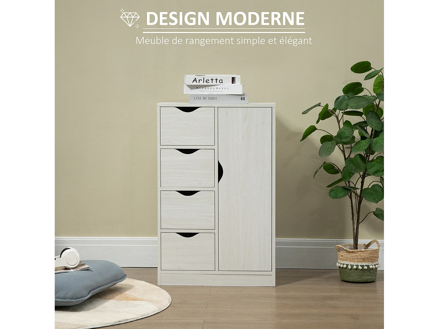 Meuble de rangement moderne 1 porte 4 tiroirs - panneaux particules blanc grain de bois