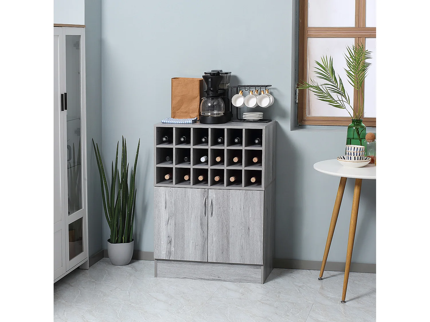 Buffet 2 portes étagère réglable casier 18 bouteilles panneaux particules aspect bois veinage gris