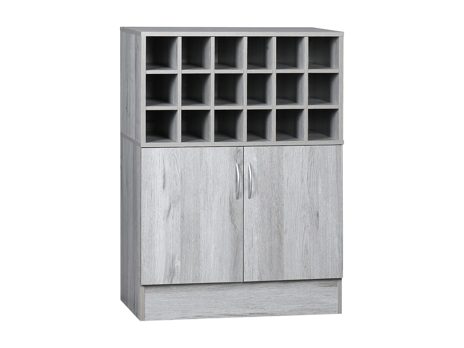 Buffet 2 portes étagère réglable casier 18 bouteilles panneaux particules aspect bois veinage gris