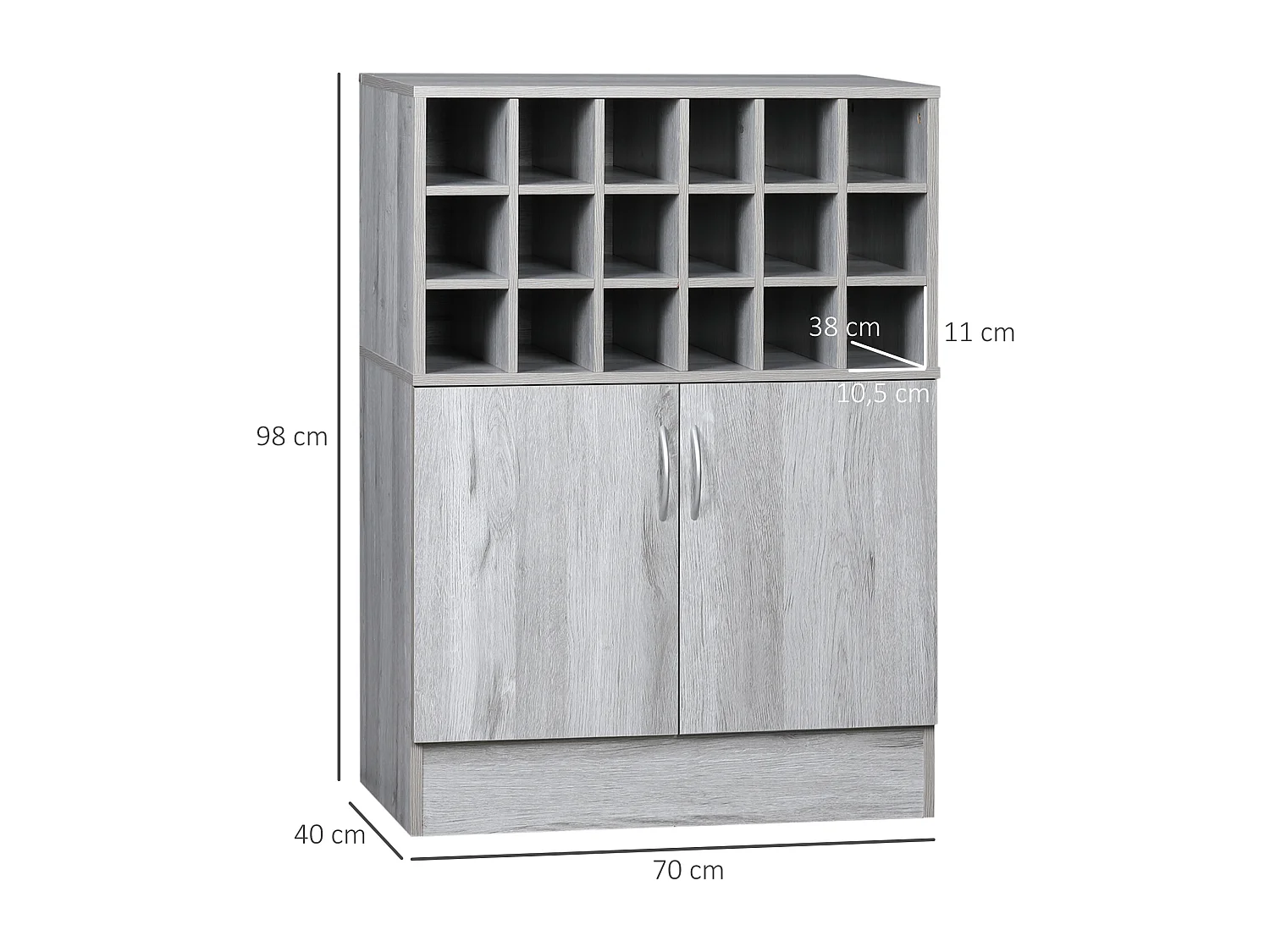 Buffet 2 portes étagère réglable casier 18 bouteilles panneaux particules aspect bois veinage gris