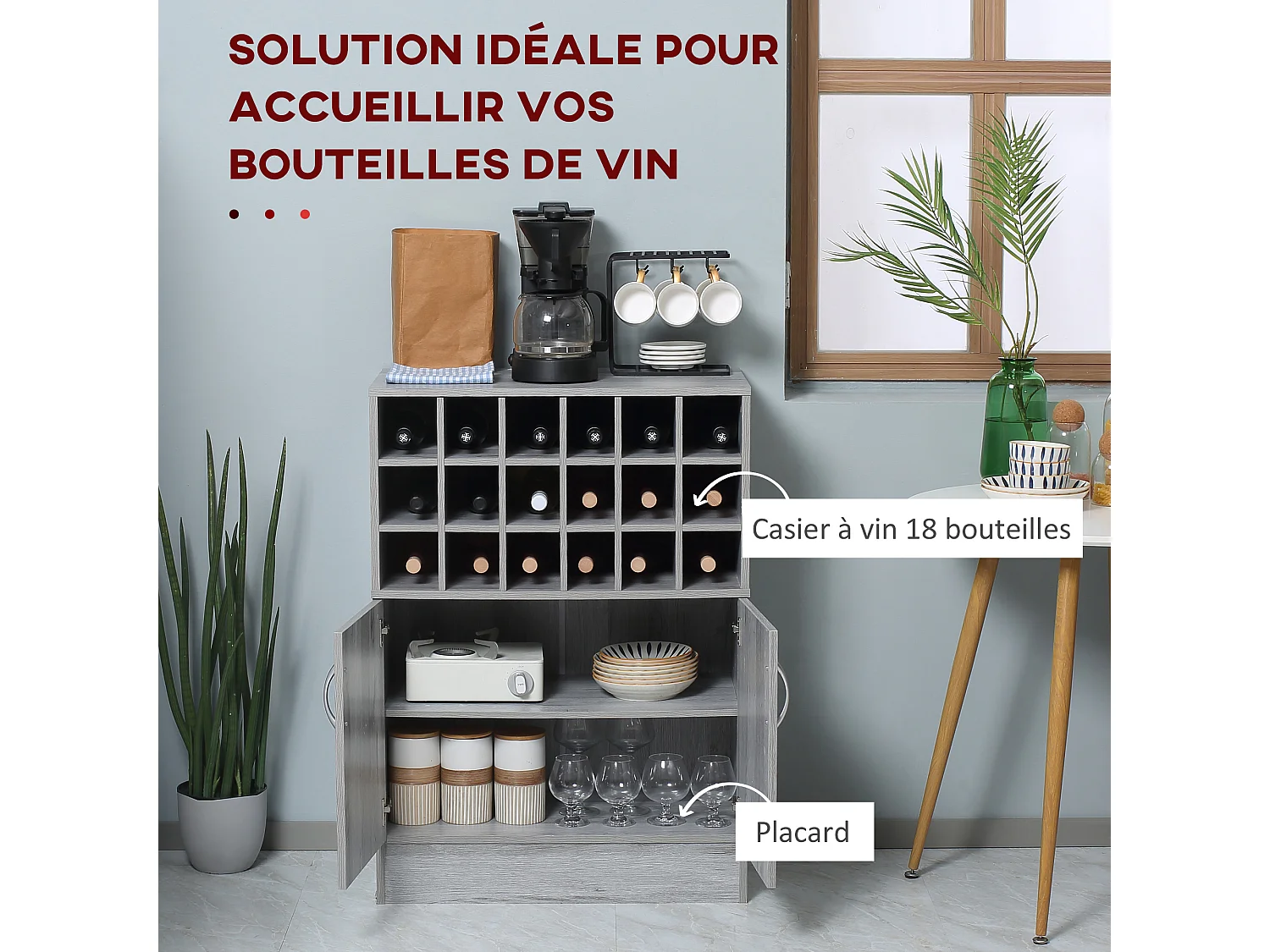 Buffet 2 portes étagère réglable casier 18 bouteilles panneaux particules aspect bois veinage gris