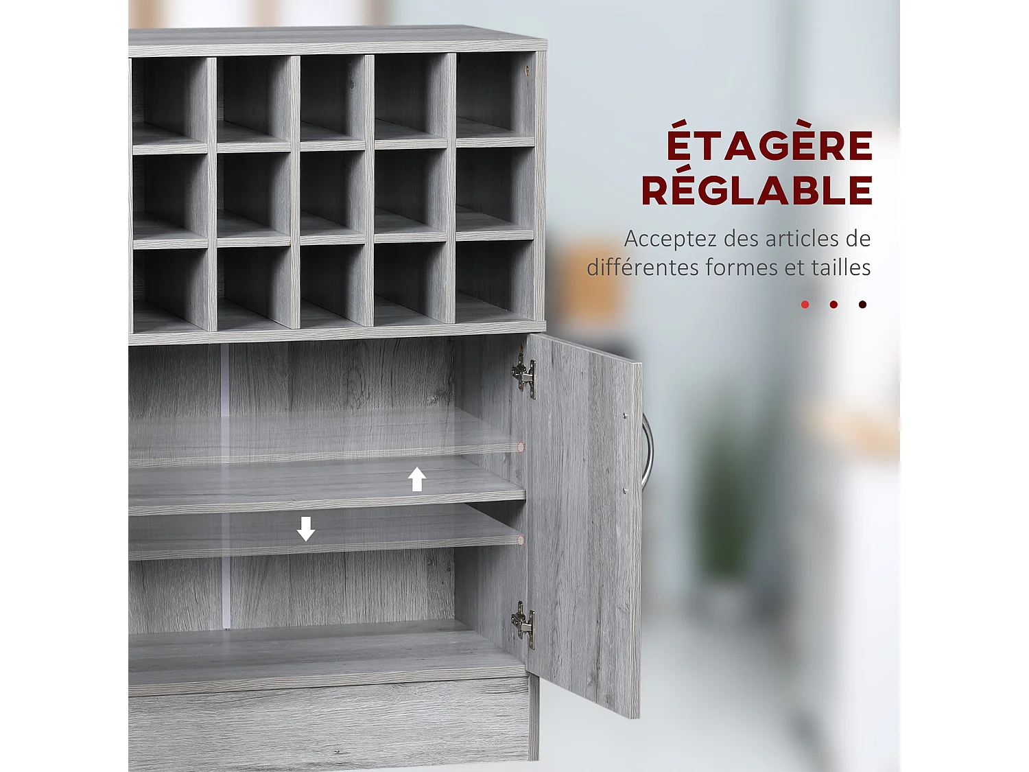 Buffet 2 portes étagère réglable casier 18 bouteilles panneaux particules aspect bois veinage gris
