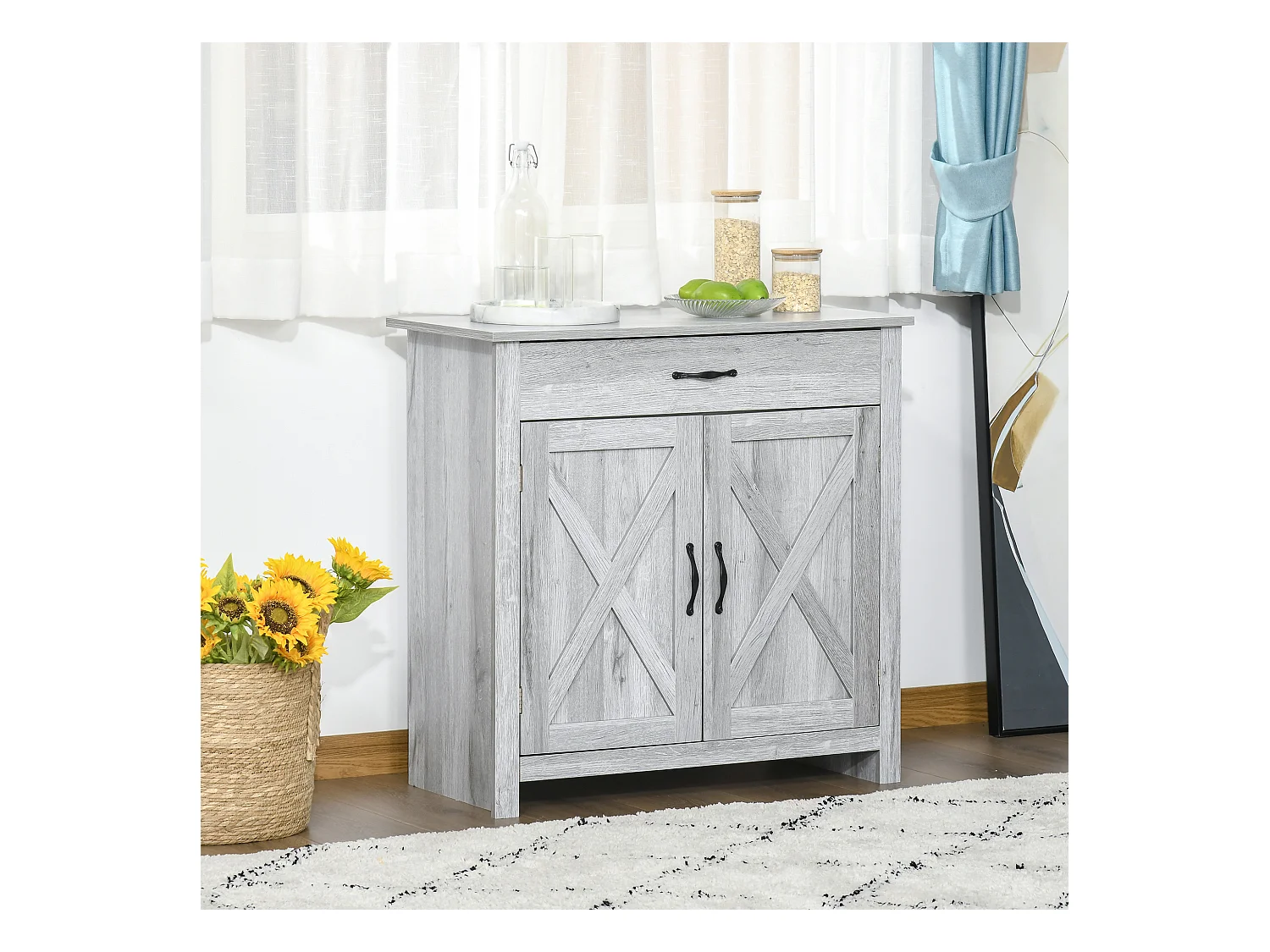 HOMCOM Buffet 2 portes tiroir style rural chic placard avec étagère poignées métal noir MDF panneaux particules aspect bois gris clair