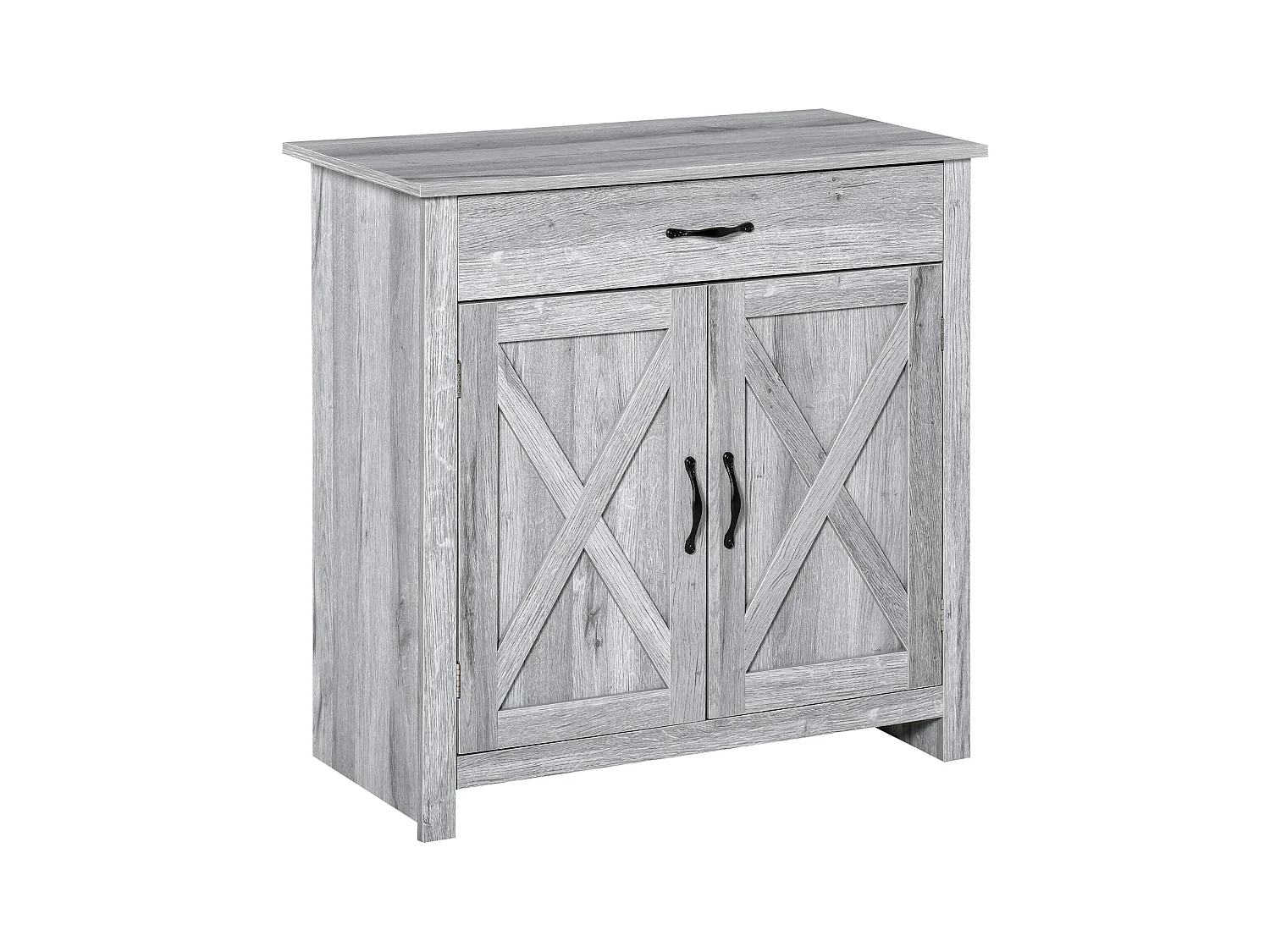 HOMCOM Buffet 2 portes tiroir style rural chic placard avec étagère poignées métal noir MDF panneaux particules aspect bois gris clair