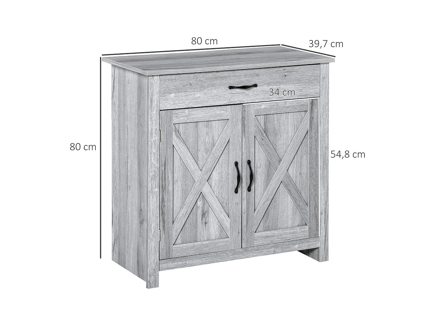 HOMCOM Buffet 2 portes tiroir style rural chic placard avec étagère poignées métal noir MDF panneaux particules aspect bois gris clair