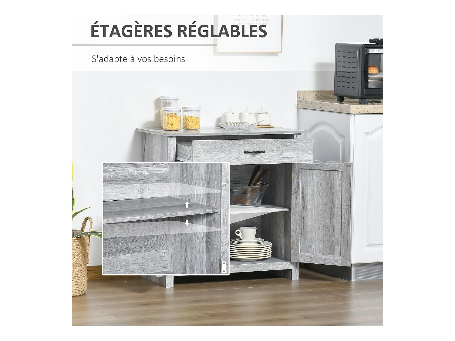 HOMCOM Buffet 2 portes tiroir style rural chic placard avec étagère poignées métal noir MDF panneaux particules aspect bois gris clair