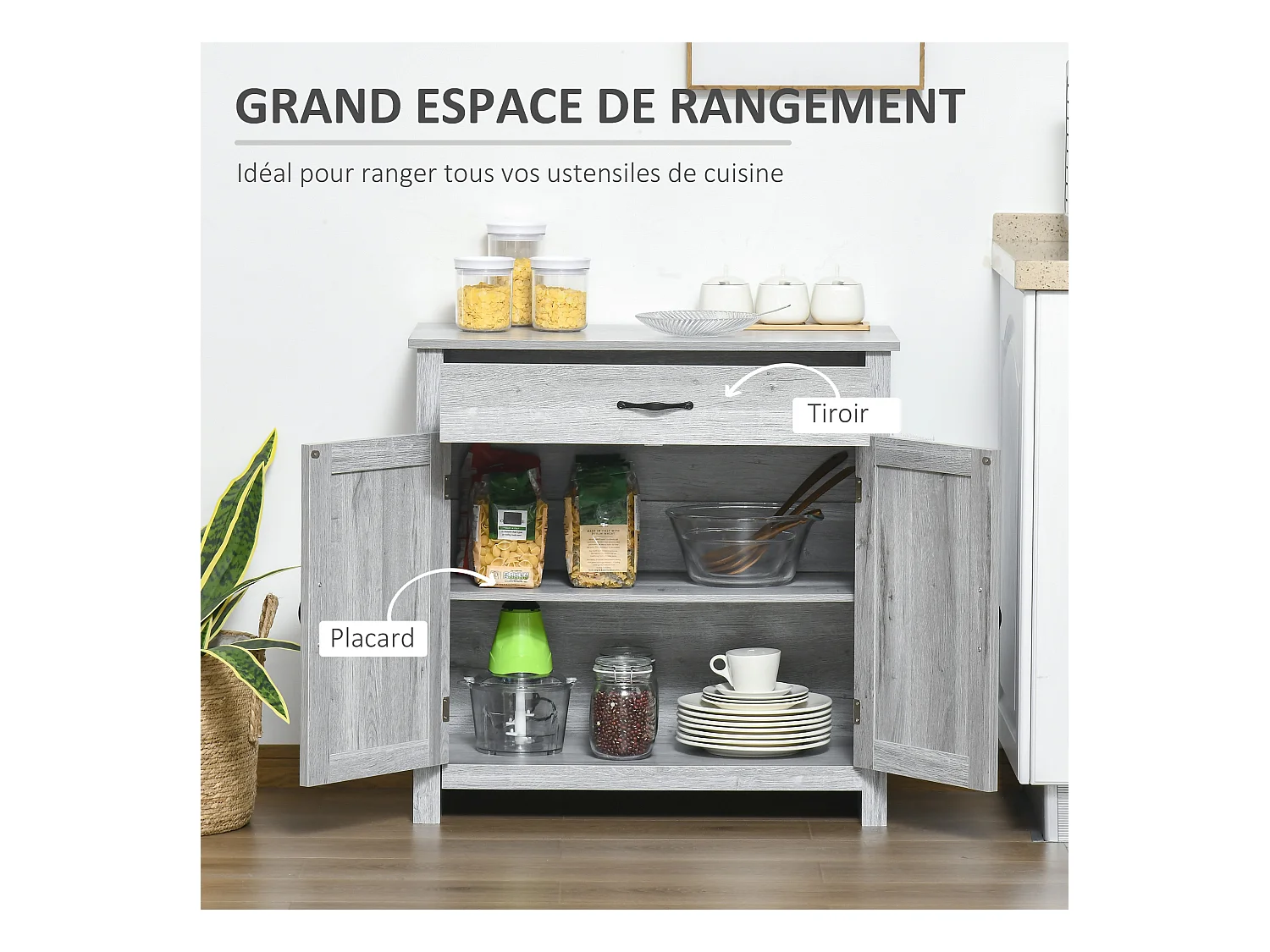 HOMCOM Buffet 2 portes tiroir style rural chic placard avec étagère poignées métal noir MDF panneaux particules aspect bois gris clair