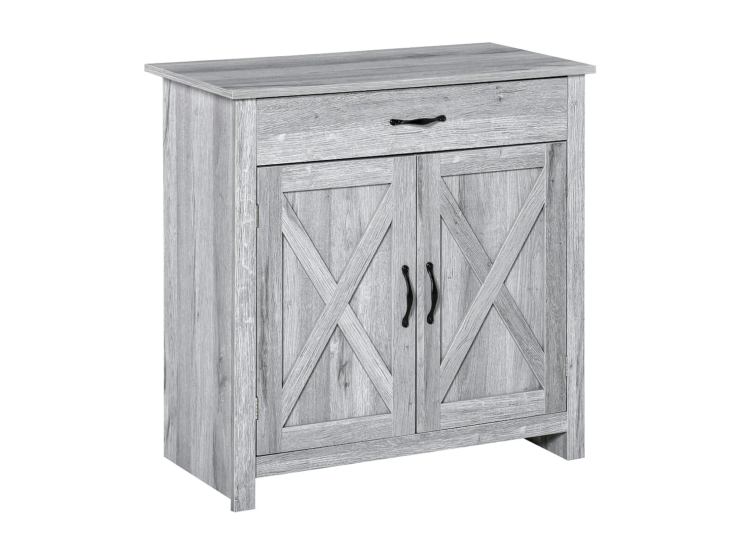 HOMCOM Buffet 2 portes tiroir style rural chic placard avec étagère poignées métal noir MDF panneaux particules aspect bois gris clair