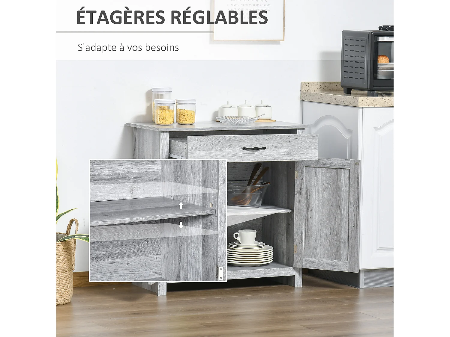 HOMCOM Buffet 2 portes tiroir style rural chic placard avec étagère poignées métal noir MDF panneaux particules aspect bois gris clair