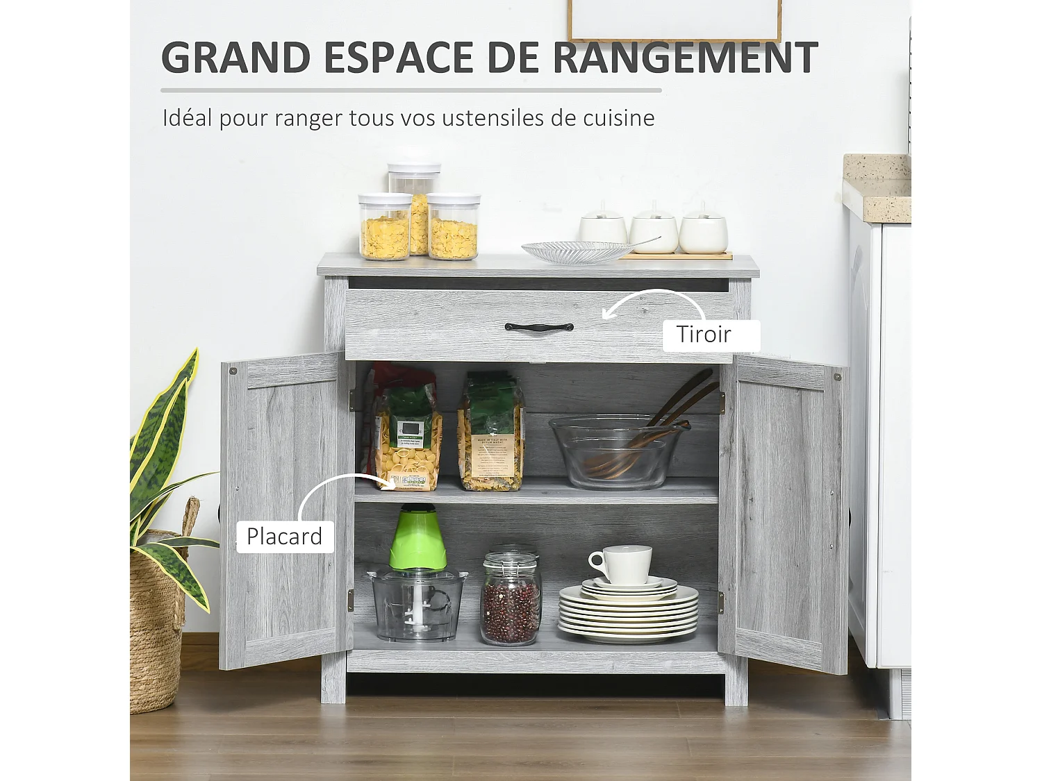 HOMCOM Buffet 2 portes tiroir style rural chic placard avec étagère poignées métal noir MDF panneaux particules aspect bois gris clair