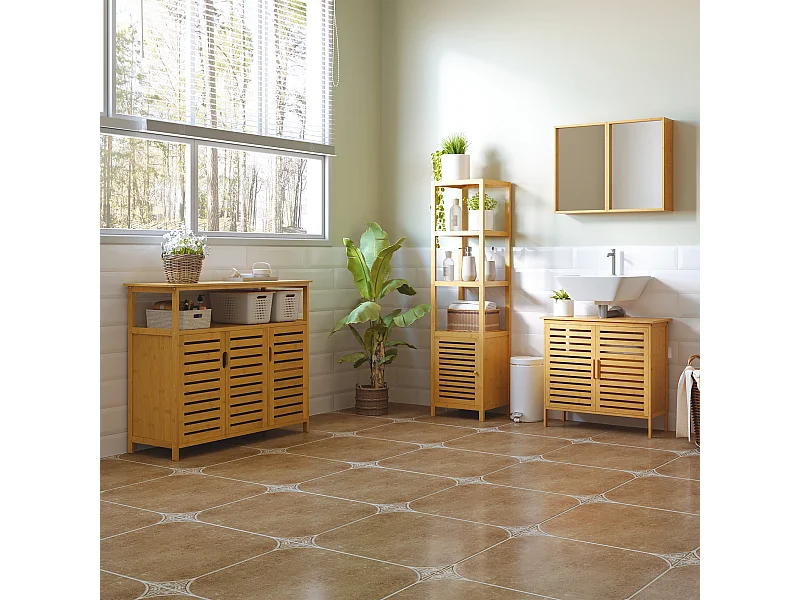 Buffet meuble de rangement bois bambou à lattes style naturel - 3 portes, 4 étagères