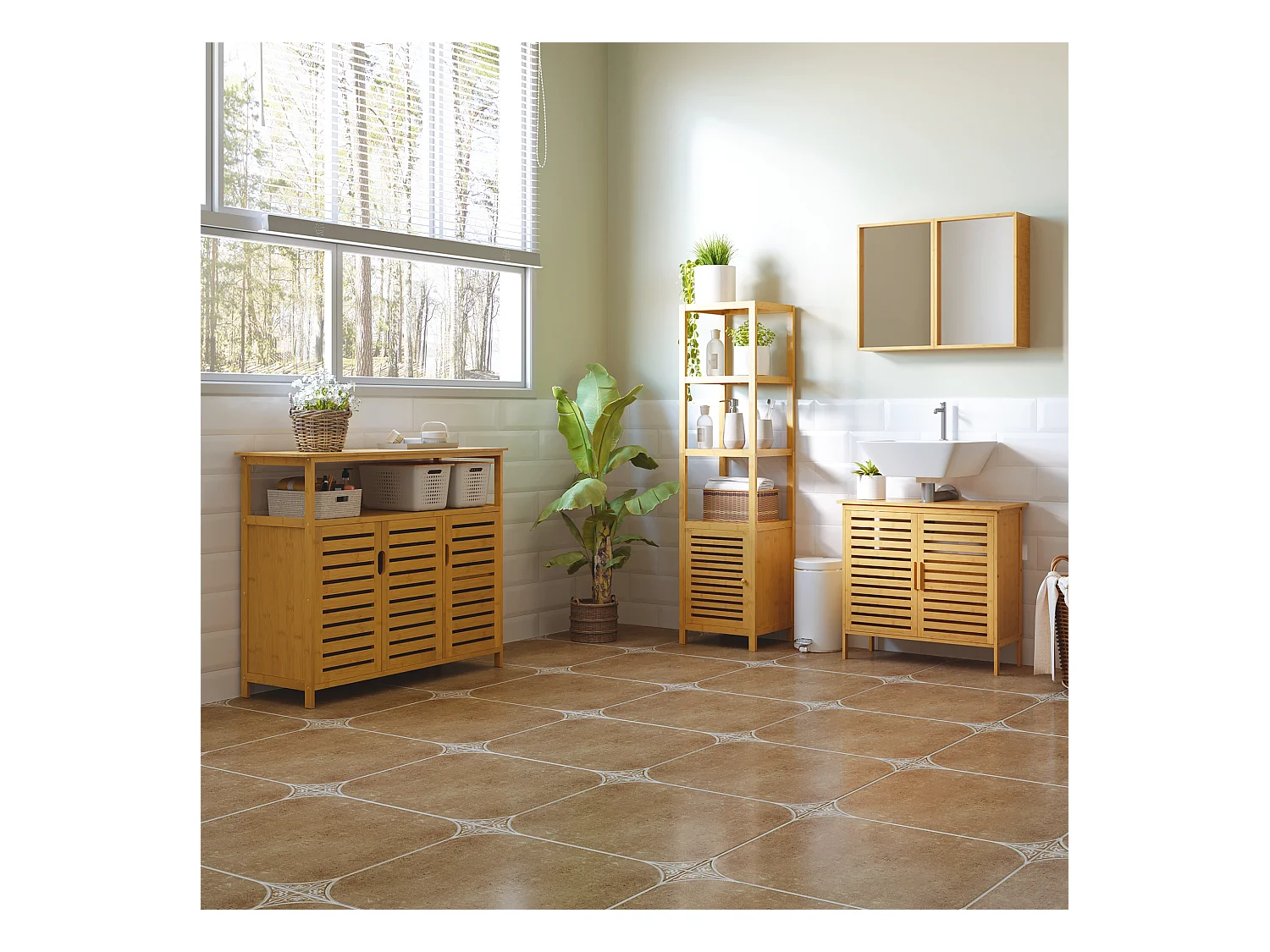 Buffet meuble de rangement bois bambou à lattes style naturel - 3 portes, 4 étagères