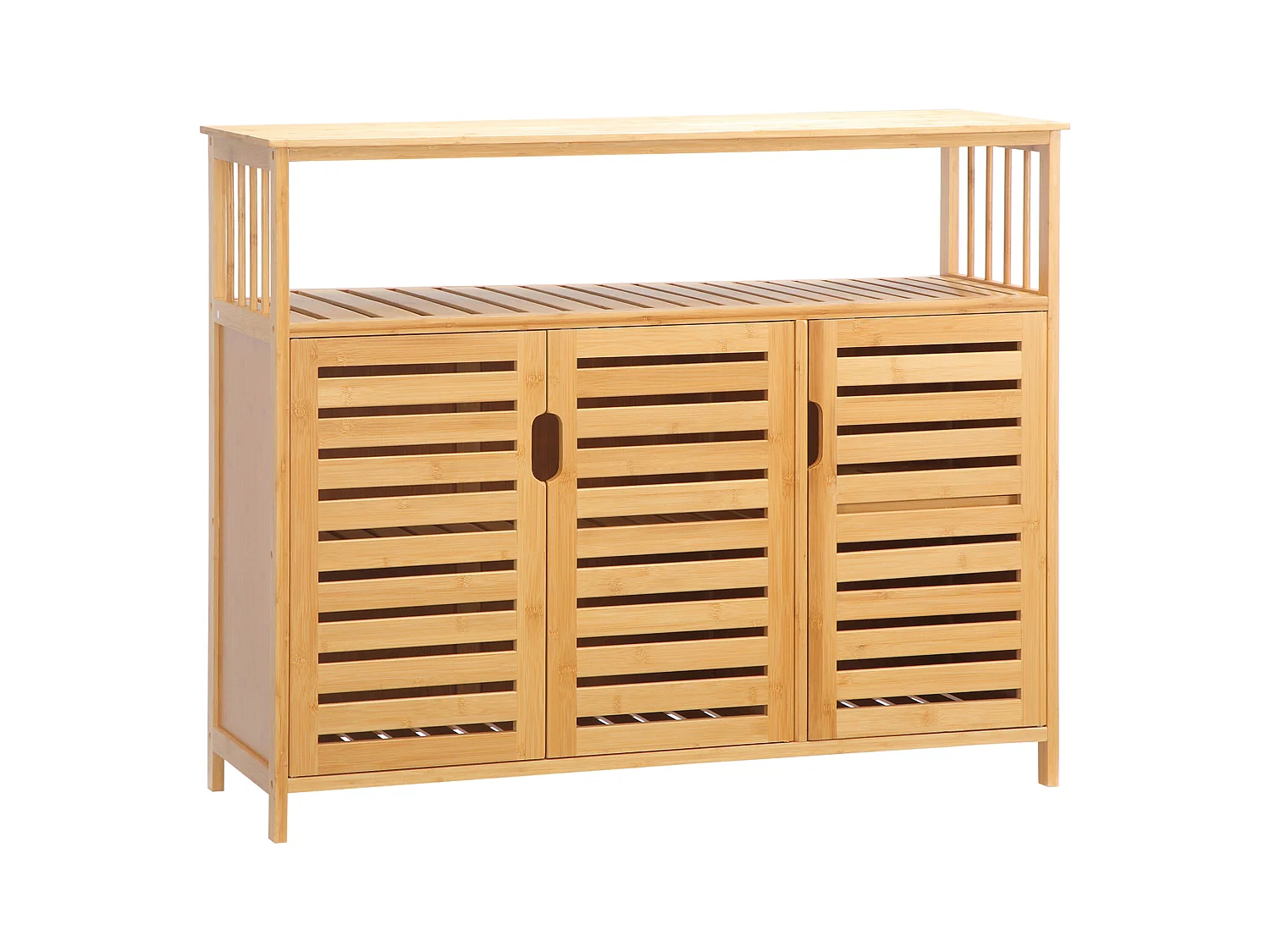 Buffet meuble de rangement bois bambou à lattes style naturel - 3 portes, 4 étagères