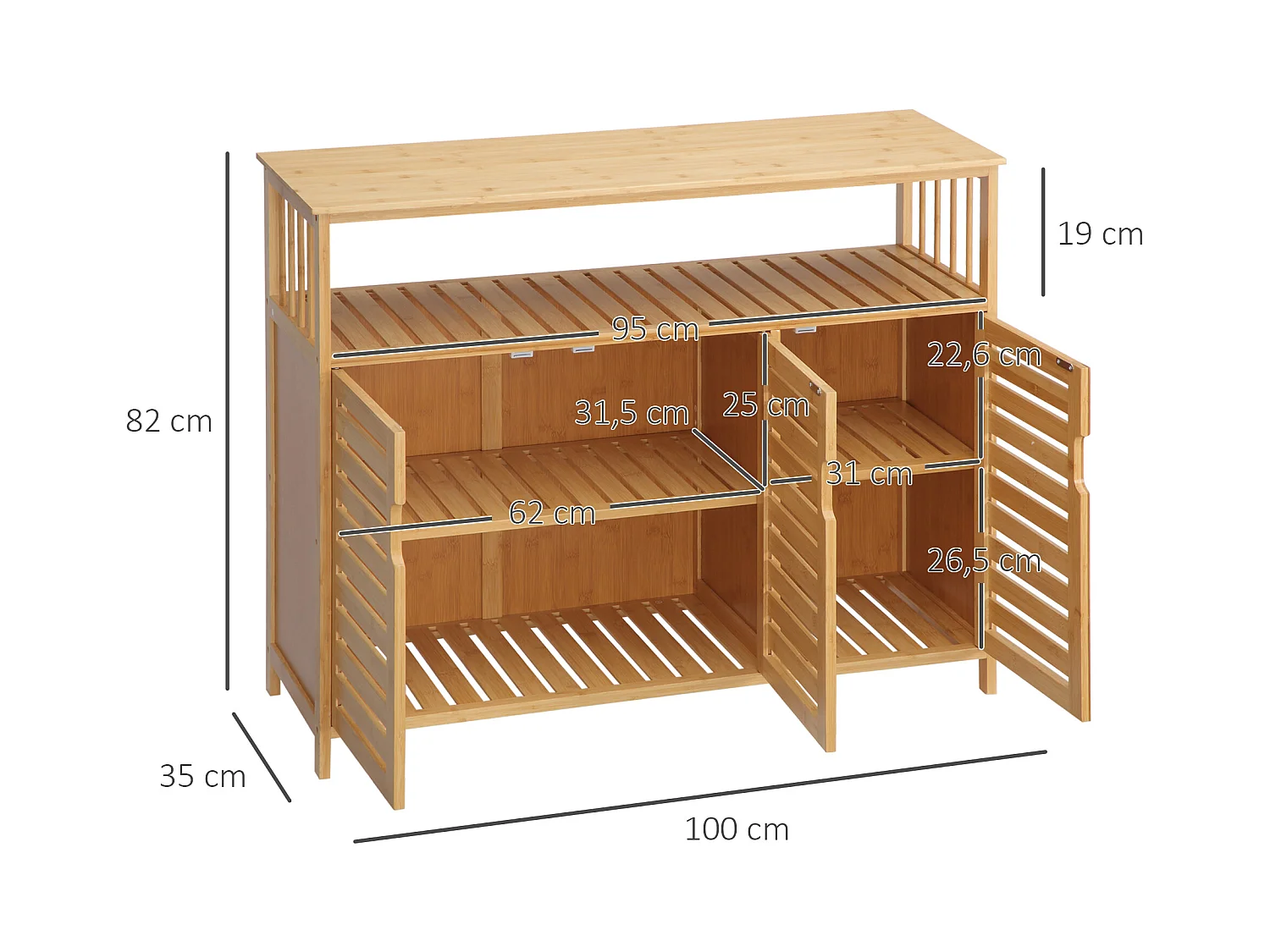 Buffet meuble de rangement bois bambou à lattes style naturel - 3 portes, 4 étagères
