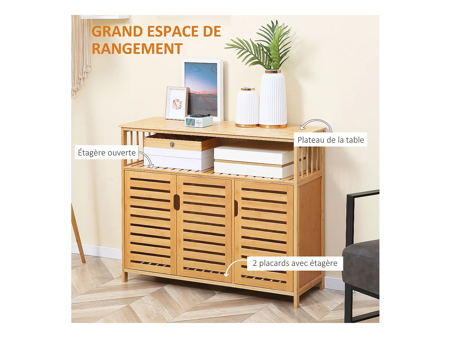 Buffet meuble de rangement bois bambou à lattes style naturel - 3 portes, 4 étagères