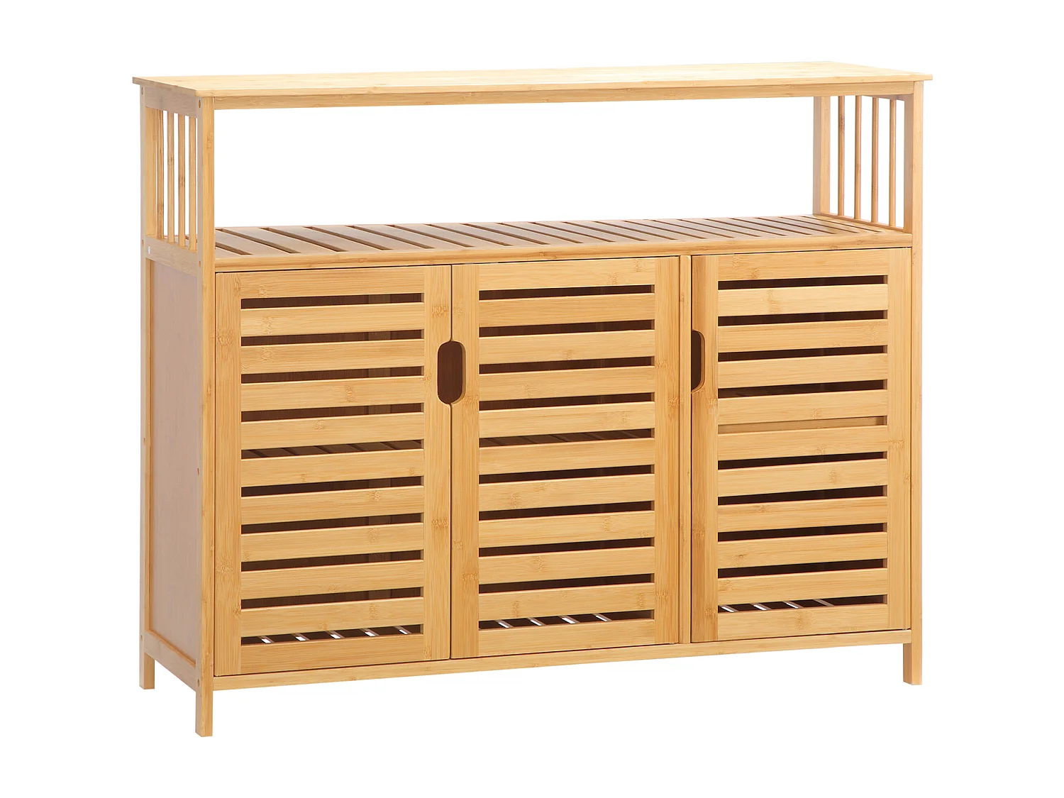 Buffet meuble de rangement bois bambou à lattes style naturel - 3 portes, 4 étagères