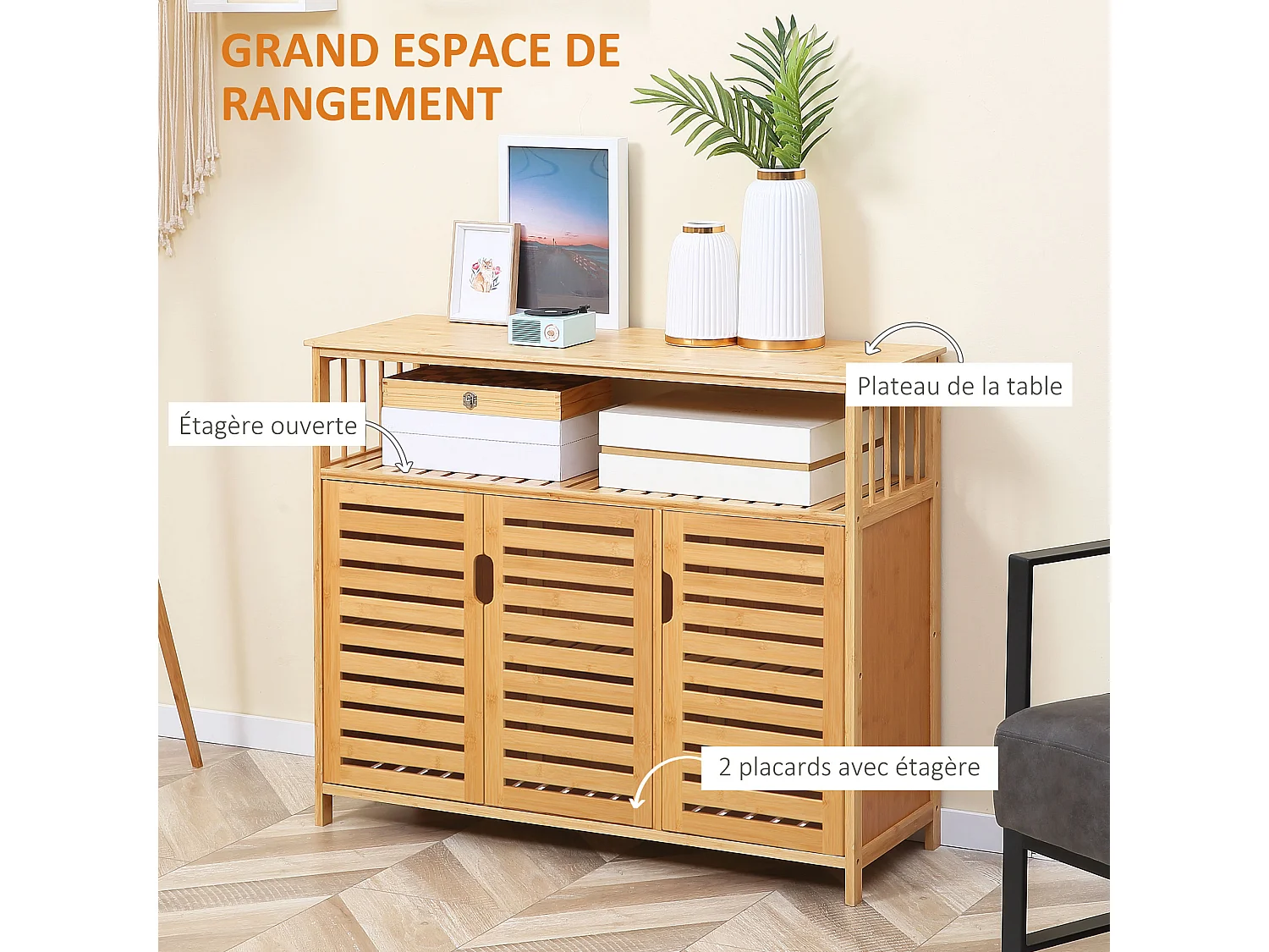 Buffet meuble de rangement bois bambou à lattes style naturel - 3 portes, 4 étagères