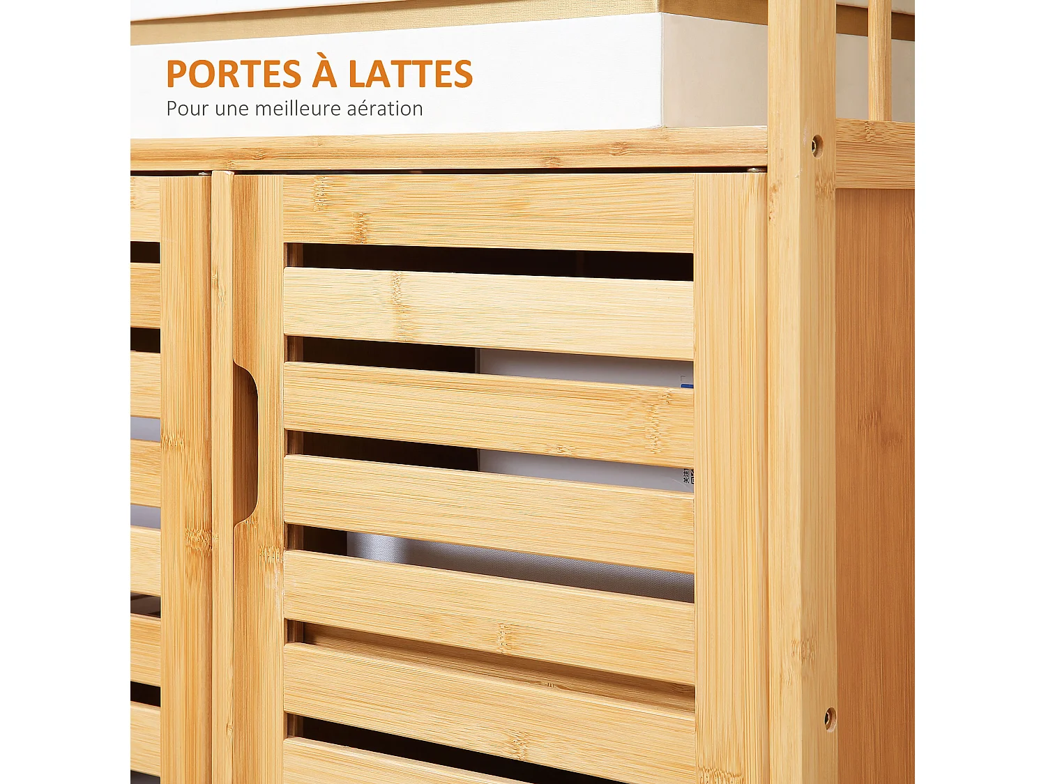 Buffet meuble de rangement bois bambou à lattes style naturel - 3 portes, 4 étagères