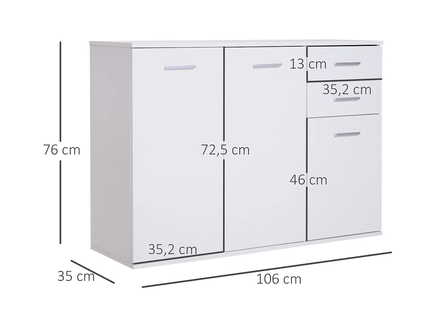HOMCOM Buffet meuble de rangement 2 tiroirs coulissants 2 placards étagère réglable panneaux particules blanc