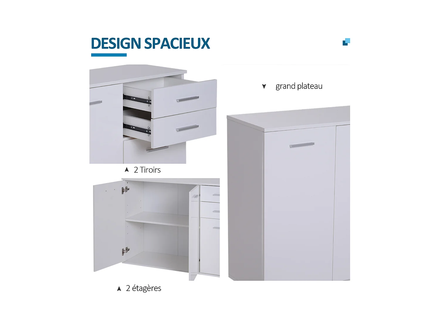 HOMCOM Buffet meuble de rangement 2 tiroirs coulissants 2 placards étagère réglable panneaux particules blanc