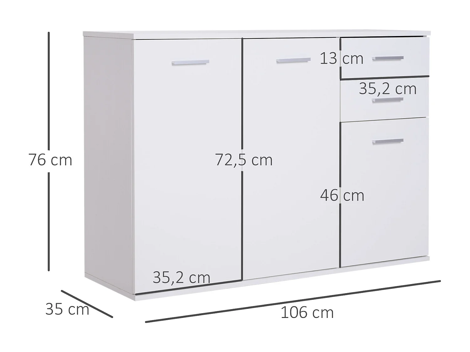 HOMCOM Buffet meuble de rangement 2 tiroirs coulissants 2 placards étagère réglable panneaux particules blanc