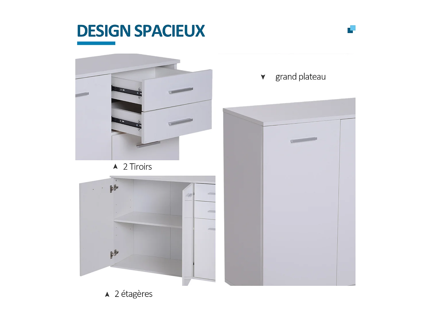 HOMCOM Buffet meuble de rangement 2 tiroirs coulissants 2 placards étagère réglable panneaux particules blanc