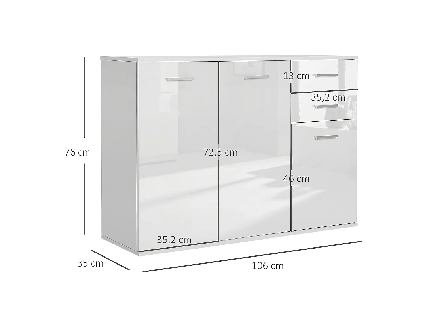 Buffet 2 tiroirs coulissants 2 placards étagère réglable panneaux blanc laqué