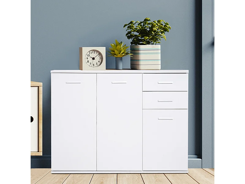 HOMCOM Buffet meuble de rangement 2 tiroirs coulissants 2 placards étagère réglable panneaux particules blanc