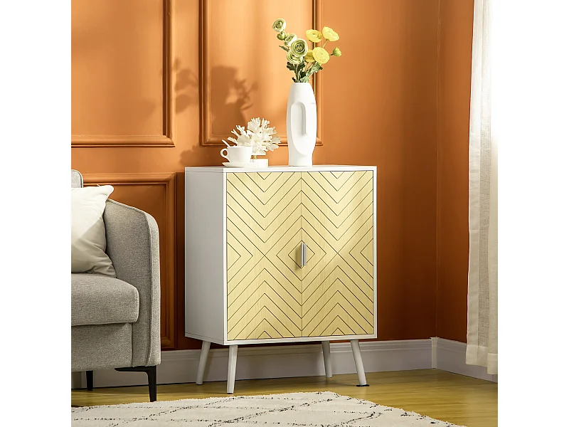Buffet meuble de rangement design scandinave 2 portes avec étagère dim. 60L x 40l x 80H cm MDF panneaux particules blanc portes motif graphique aspect bois clair