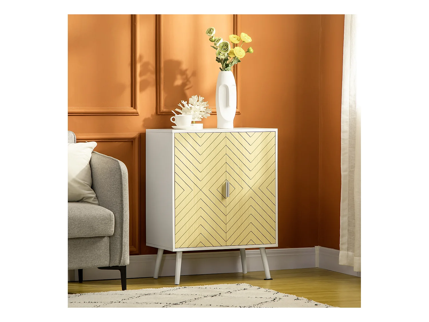 Buffet meuble de rangement design scandinave 2 portes avec étagère dim. 60L x 40l x 80H cm MDF panneaux particules blanc portes motif graphique aspect bois clair