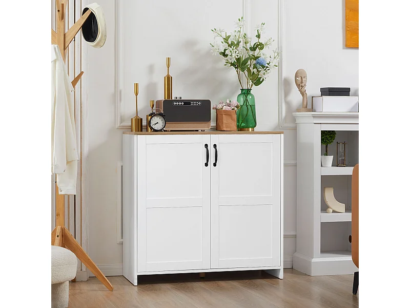 Buffet 2 portes 2 étagères réglables panneaux particules blanc aspect bois clair