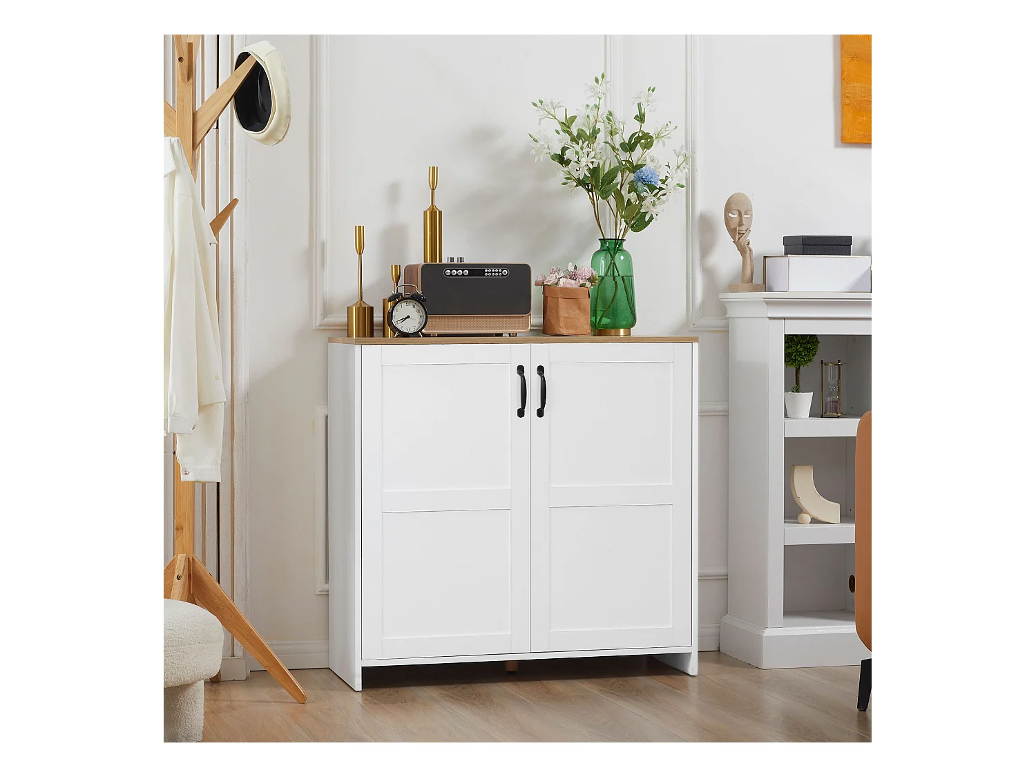 Buffet 2 portes 2 étagères réglables panneaux particules blanc aspect bois clair