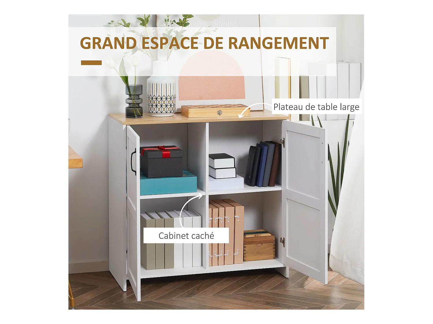 Buffet 2 portes 2 étagères réglables panneaux particules blanc aspect bois clair