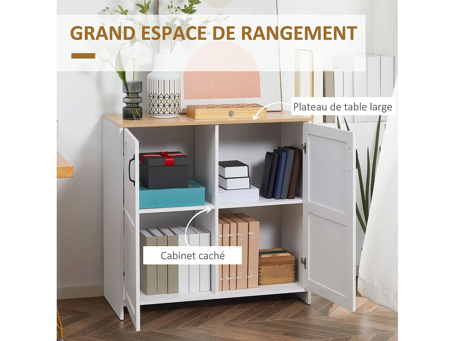 Buffet 2 portes 2 étagères réglables panneaux particules blanc aspect bois clair