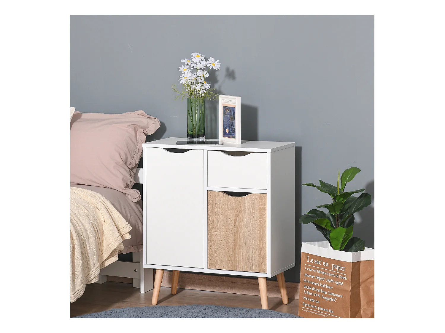 HOMCOM Meuble de rangement design scandinave 2 placards tiroir coulissant pieds bois massif pin panneaux particules blanc chêne clair