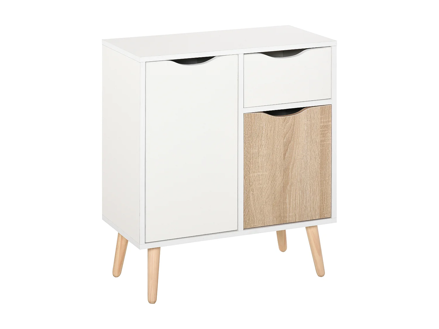 HOMCOM Meuble de rangement design scandinave 2 placards tiroir coulissant pieds bois massif pin panneaux particules blanc chêne clair