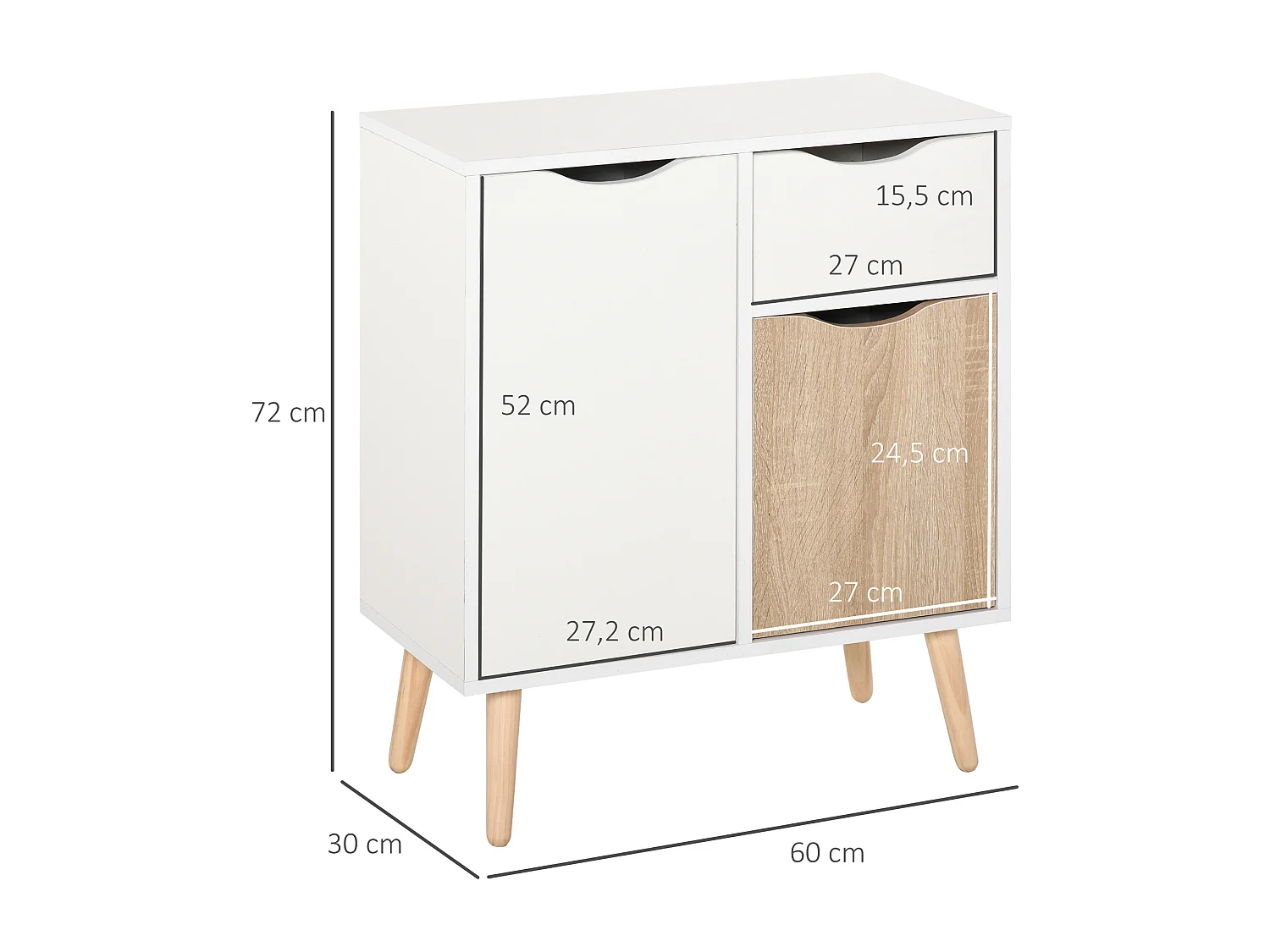 HOMCOM Meuble de rangement design scandinave 2 placards tiroir coulissant pieds bois massif pin panneaux particules blanc chêne clair