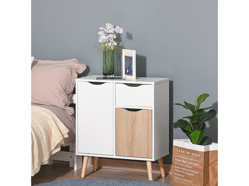 HOMCOM Meuble de rangement design scandinave 2 placards tiroir coulissant pieds bois massif pin panneaux particules blanc chêne clair