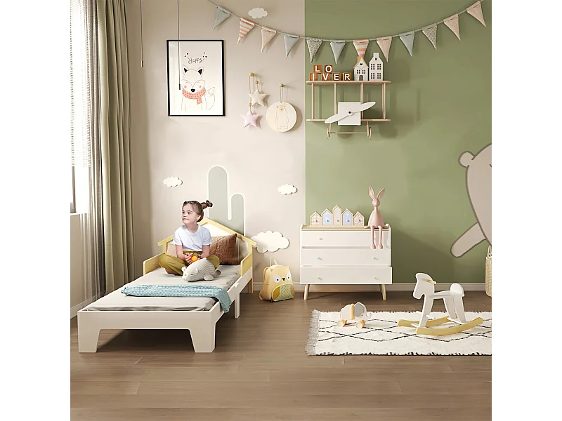 Lit enfant design maison dim. 90 x 190 cm - structure lit avec tête de lit et sommier à lattes inclus - bois pin MDF blanc aspect bois clair