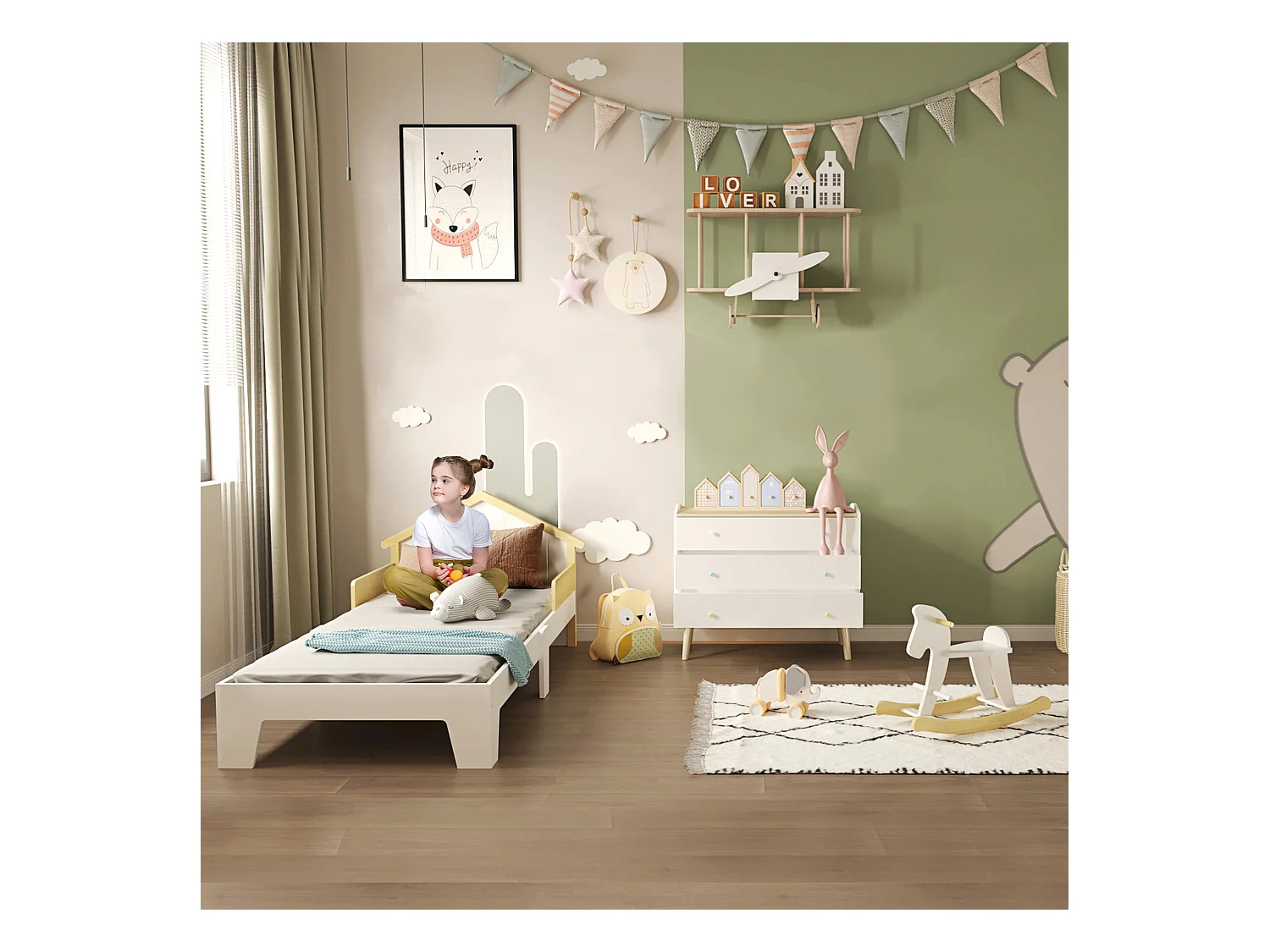 Lit enfant design maison dim. 90 x 190 cm - structure lit avec tête de lit et sommier à lattes inclus - bois pin MDF blanc aspect bois clair