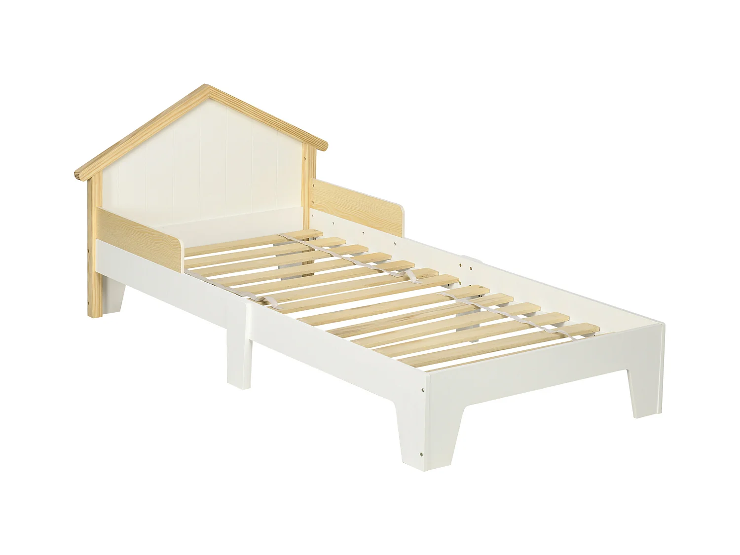 Lit enfant design maison dim. 90 x 190 cm - structure lit avec tête de lit et sommier à lattes inclus - bois pin MDF blanc aspect bois clair