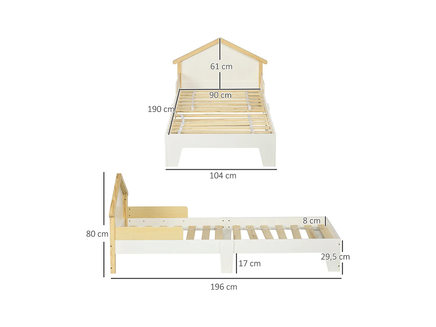 Lit enfant design maison dim. 90 x 190 cm - structure lit avec tête de lit et sommier à lattes inclus - bois pin MDF blanc aspect bois clair