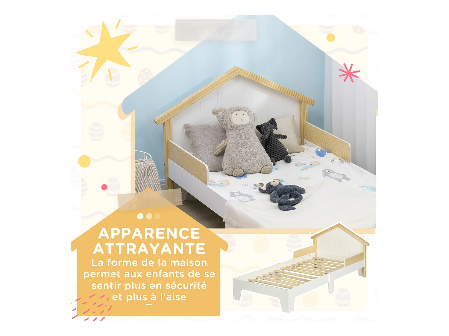 Lit enfant design maison dim. 90 x 190 cm - structure lit avec tête de lit et sommier à lattes inclus - bois pin MDF blanc aspect bois clair