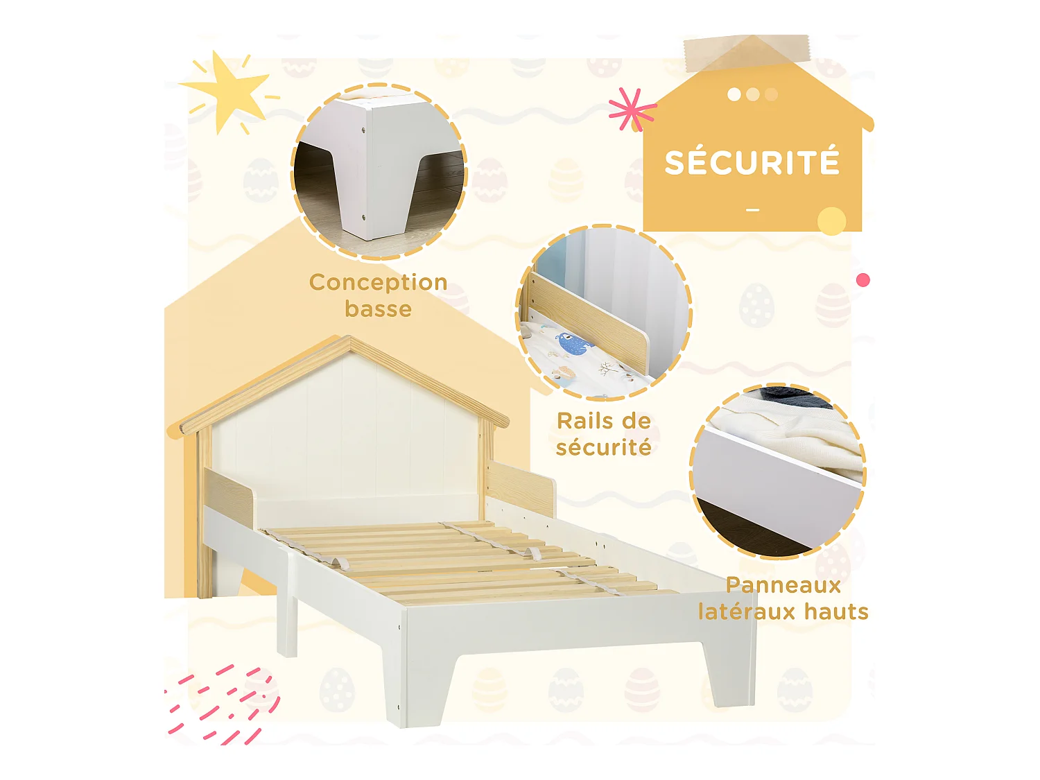 Lit enfant design maison dim. 90 x 190 cm - structure lit avec tête de lit et sommier à lattes inclus - bois pin MDF blanc aspect bois clair