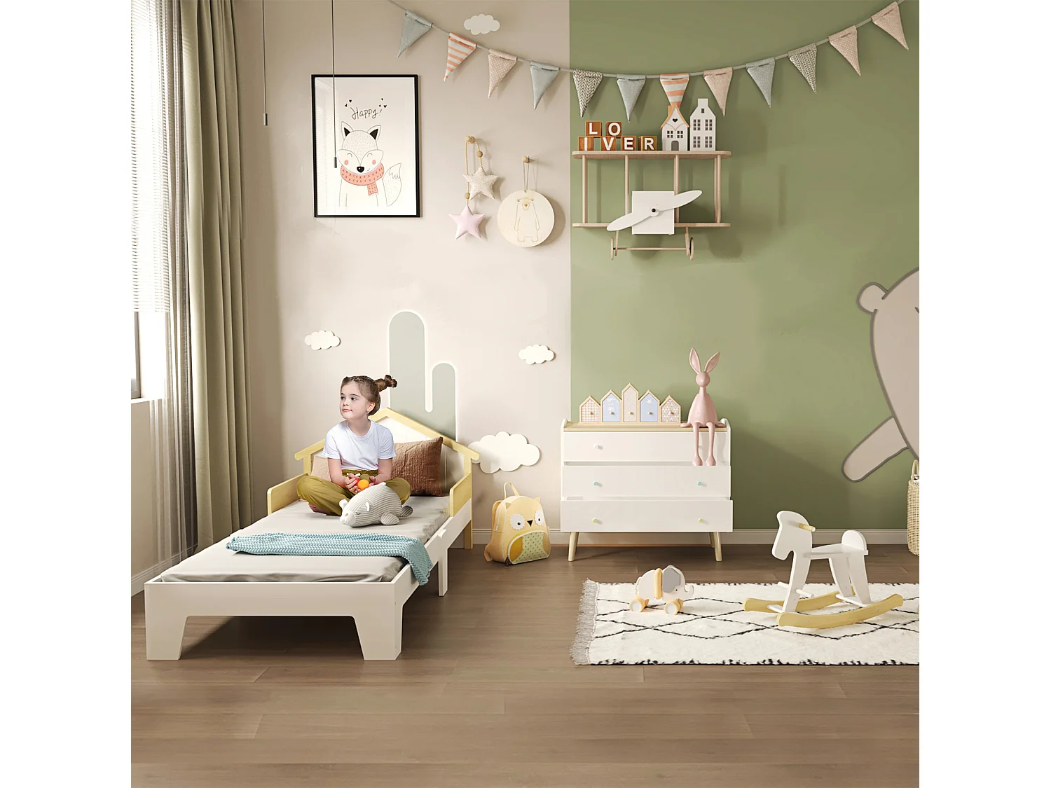 Lit enfant design maison dim. 90 x 190 cm - structure lit avec tête de lit et sommier à lattes inclus - bois pin MDF blanc aspect bois clair
