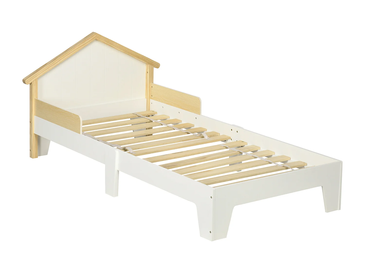 Lit enfant design maison dim. 90 x 190 cm - structure lit avec tête de lit et sommier à lattes inclus - bois pin MDF blanc aspect bois clair